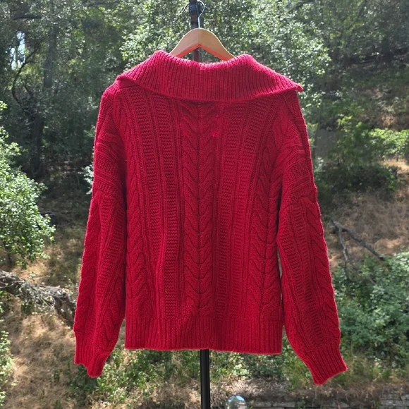 NWT FOR LOVE AND LEMONS ANDIE ZIP FRONT RED CABLE KNIT SWEATER SIZE M